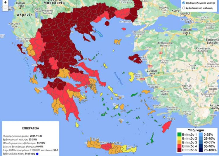 Επιδημιολογικός χάρτης κορωνοϊού: Ανέβηκε στο επίπεδο “4” η Ηλεία – 26 Π.Ε. στο “5”