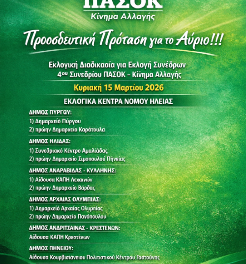 ΠΑΣΟΚ – Συνέδριο: Τα 11 Εκλογικά Κέντρα και οι Υποψήφιοι Σύνεδροι στην Ηλεία (Κυριακή 15/3)